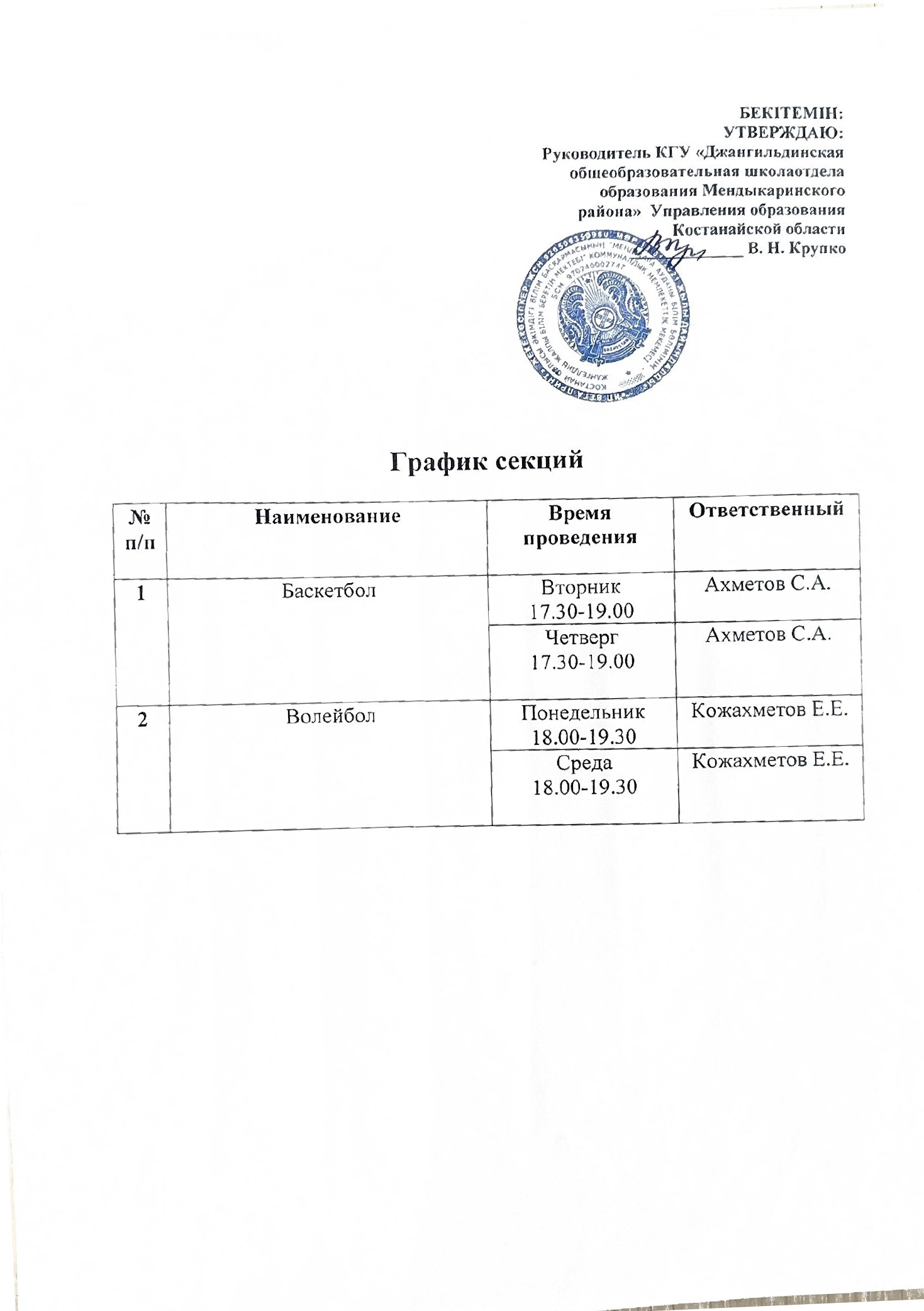 График работы секций 2025 2026